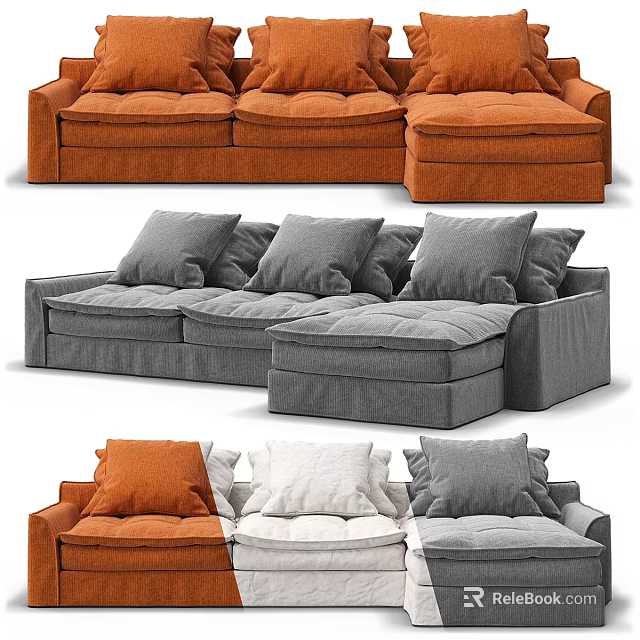 Modern L Shaped Sofa Design With Orange Gray White Cushions For Living Room 3d model 