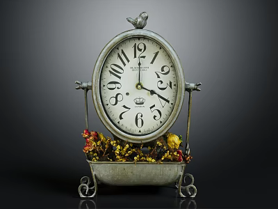Vintage Iron Tabletop Clock Furniture With Bird Ornament And Floral Accent Base 3d model