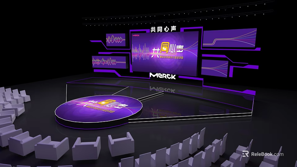 Purple Modern Stage Design for MERCK Event with Common Voice Theme and Audience Seats 3d model 