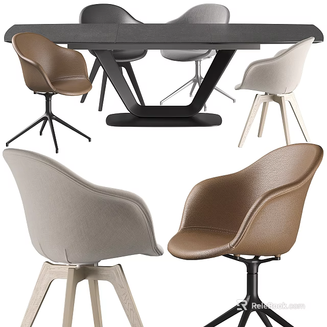 Modern Dining Table Set With Black Geometric Base And Leather Chairs In Brown Beige 3d model 