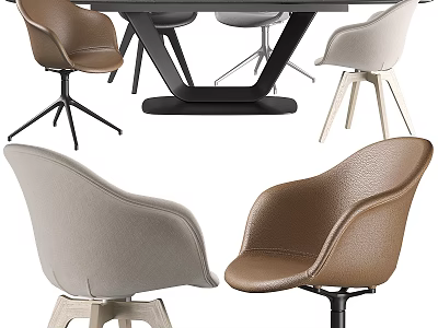 Modern Dining Table Set With Black Geometric Base And Leather Chairs In Brown Beige 3d model
