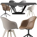 Modern Dining Table Set With Black Geometric Base And Leather Chairs In Brown Beige