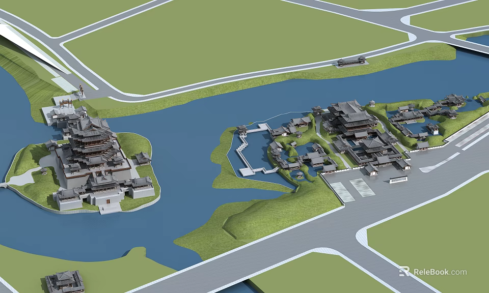 Ancient Architecture Complex With River Green Spaces And Surrounding Roads 3d model 