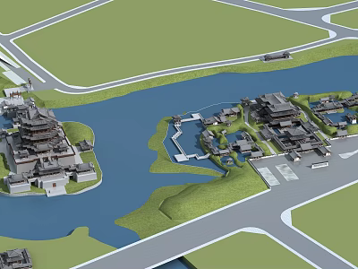 Ancient Architecture Complex With River Green Spaces And Surrounding Roads 3d model