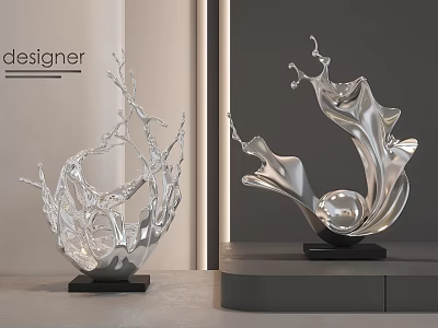 Designer Silver Art Sculptures With Fluid Metallic Forms On Black Bases In Modern Interior Setting 3d model