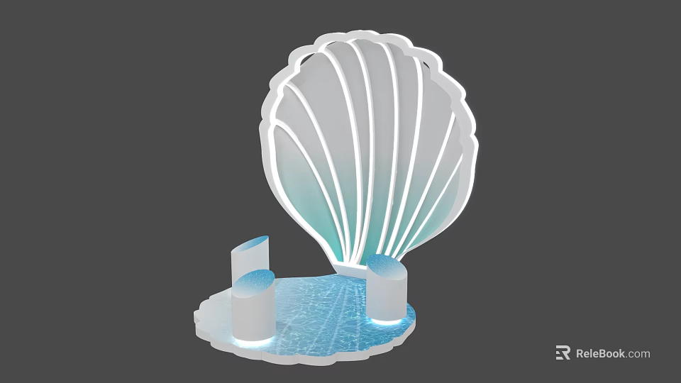 Shell Shaped Photo Spot With White Blue Gradient Lighting Cylindrical Seats And Water Ripple Floor 3d model 