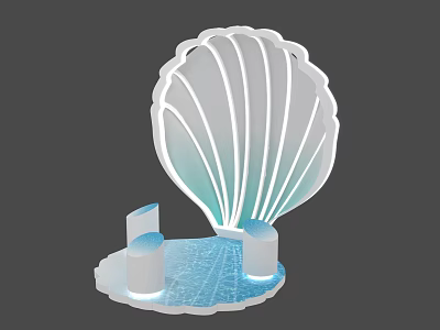 Shell Shaped Photo Spot With White Blue Gradient Lighting Cylindrical Seats And Water Ripple Floor 3d model