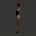 Woman In Purple Corset Red Garters Fishnet Stockings And High Heels Posing With Arms Outstretched