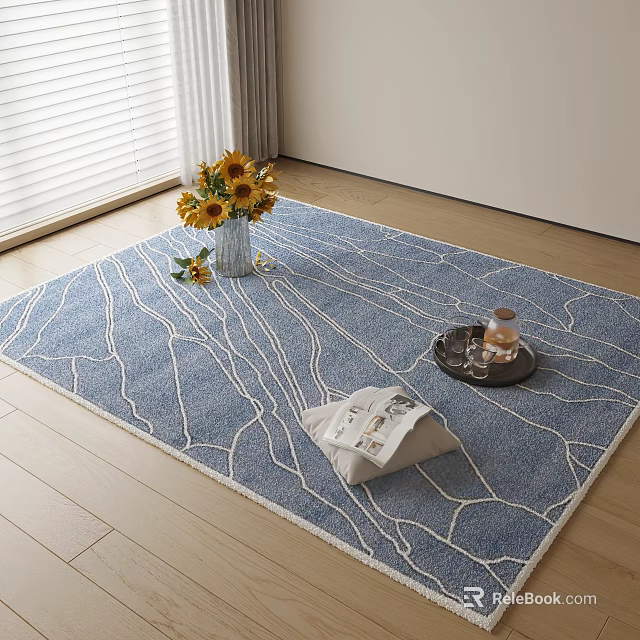 Blue Square Rug with White Tree-like Texture Featuring Sunflower Vase and Magazine on Wooden Floor 3d model 