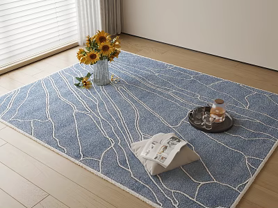 Blue Square Rug with White Tree-like Texture Featuring Sunflower Vase and Magazine on Wooden Floor 3d model