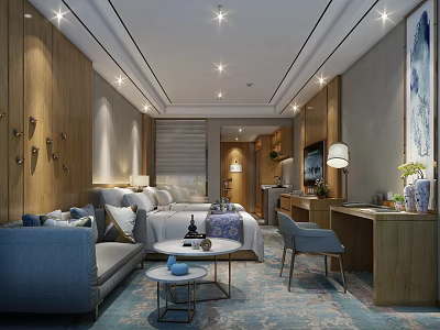 Modern Hotel Guest Room Interior With Comfortable Bed Sofa Desk And Decorative Painting 3d model