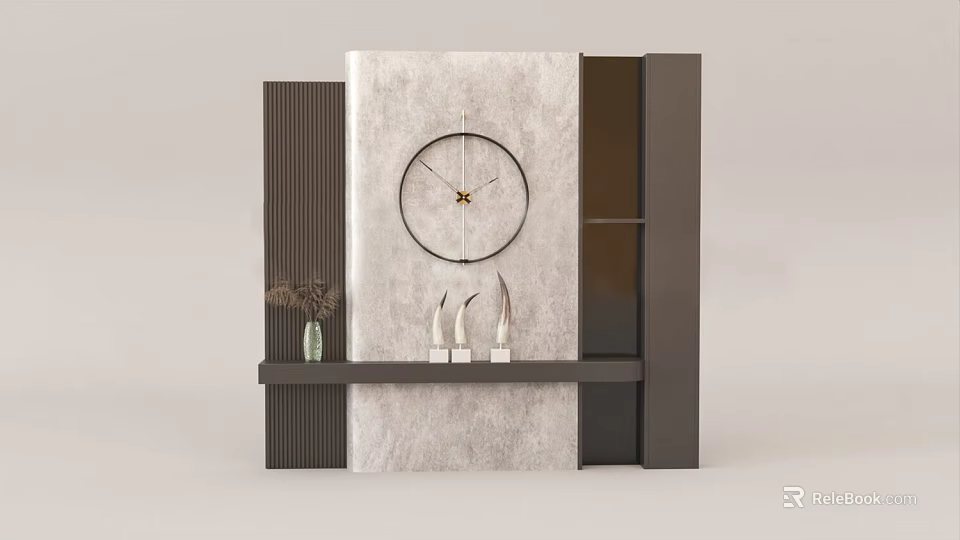 Modern Accent Wall with Marble Texture Dark Vertical Strips Round Clock Shelf Vase and Decorations 3d model