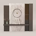 Modern Accent Wall with Marble Texture Dark Vertical Strips Round Clock Shelf Vase and Decorations 3d model