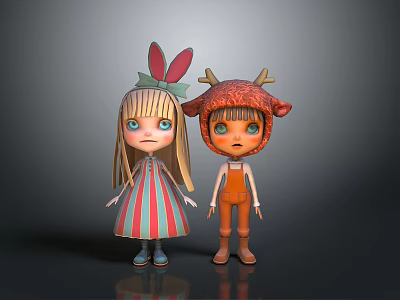 Two Cartoon Characters With Rabbit Ear Headband Antler Hat Striped Dress And Overalls 3d model