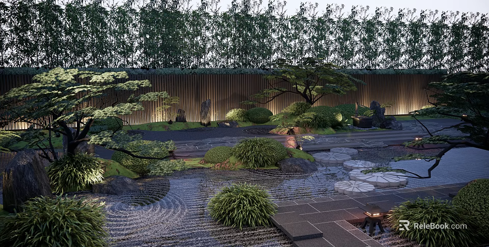 Traditional Garden Landscape With Bamboo Trees Wooden Screen Rock Formations And Stone Path 3d model 