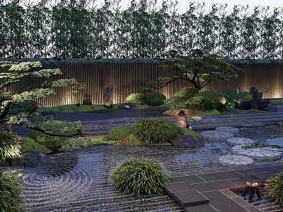Traditional Garden Landscape With Bamboo Trees Wooden Screen Rock Formations And Stone Path 3d model
