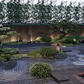 Traditional Garden Landscape With Bamboo Trees Wooden Screen Rock Formations And Stone Path