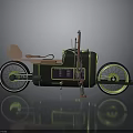 Showcase Retro Futuristic Motorcycle with Brown Seat Green Rims Black Body and Side Mounted Rifle