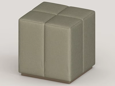Modern Square Upholstered Stool In Light Gray With Stitched Design And Brown Base 3d model