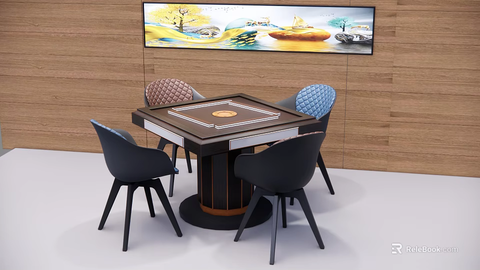 Modern Entertainment Table with Circular Center and Four Stylish Chairs and Decorative Wall Art 3d model 