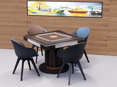 Modern Entertainment Table with Circular Center and Four Stylish Chairs and Decorative Wall Art 3d model