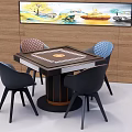Modern Entertainment Table with Circular Center and Four Stylish Chairs and Decorative Wall Art
