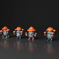Four Cartoon Mushroom Characters With Orange Hats And Armor Standing In Row