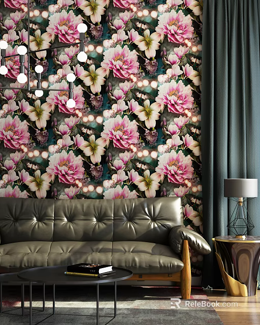 Leather Three Seater Sofa in Living Room with Floral Wallpaper Table Lamp and Curtains 3d model 