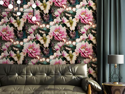 Leather Three Seater Sofa in Living Room with Floral Wallpaper Table Lamp and Curtains 3d model