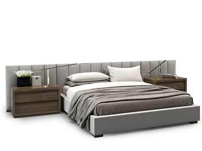 Gray Upholstered Double Bed With Wooden Nightstands Table Lamps Vase And Bedding 3d model