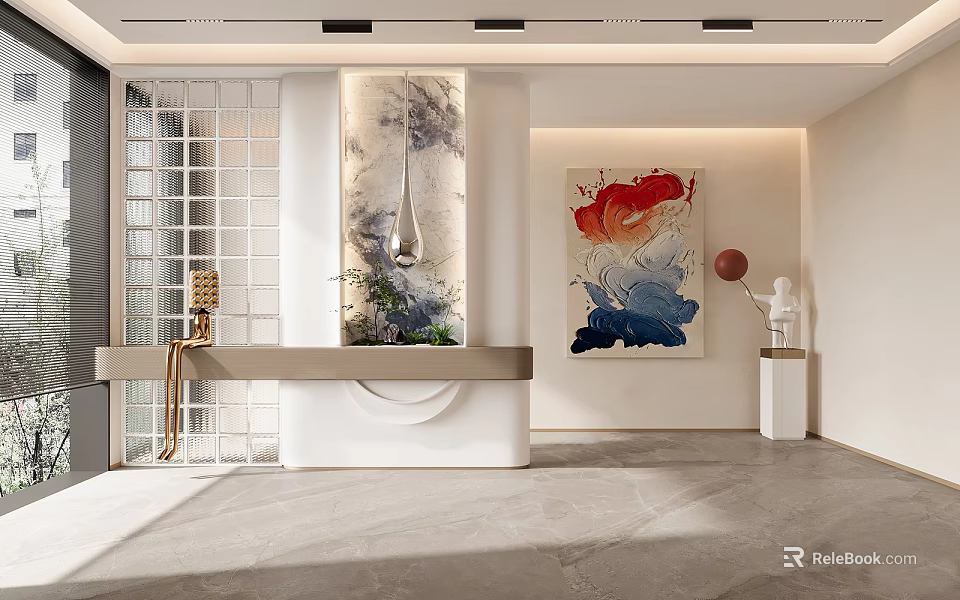 Modern Foyer Design With Artistic Decor And Glass Partition 3d model 