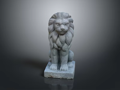 Carved Sitting Stone Lion Statue With Detailed Mane And Square Base 3d model