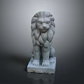 Carved Sitting Stone Lion Statue With Detailed Mane And Square Base