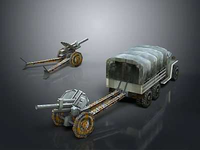 3D Rendered Military Weapons Featuring Cannons And Transport Truck With Wheels And Canvas Cover 3d model