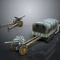 3D Rendered Military Weapons Featuring Cannons And Transport Truck With Wheels And Canvas Cover