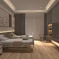 Modern Hospital Room Interior With Two Beds Bedside Tables Chair TV And Decorative Paintings