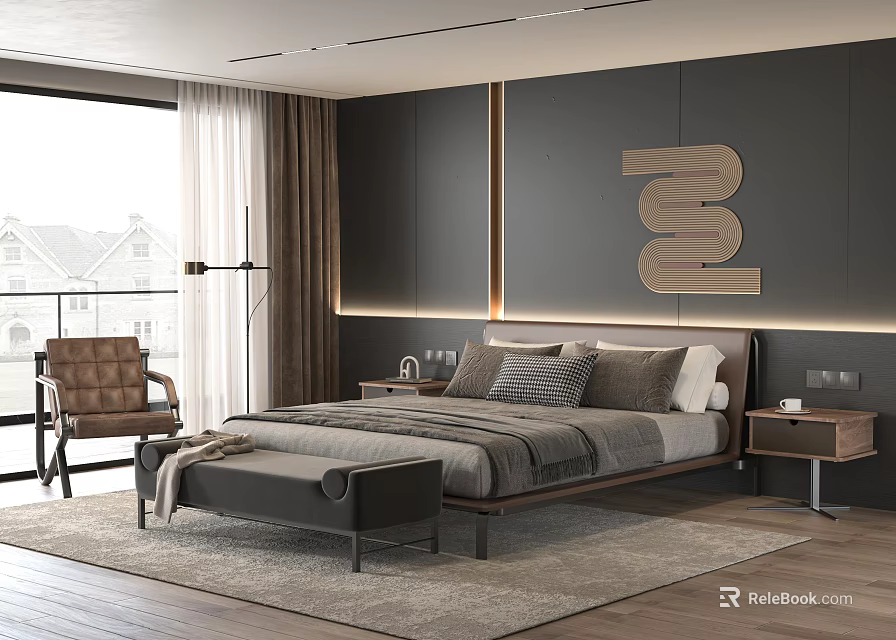 Modern Bedroom With King Size Bed Gray Bedding Wooden Frame Accent Chair And Area Rug 3d model 