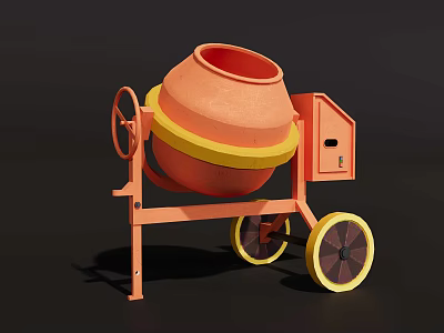 Mobile Industrial Equipment Concrete Mixer with Orange Drum Yellow Wheels and Stand 3d model