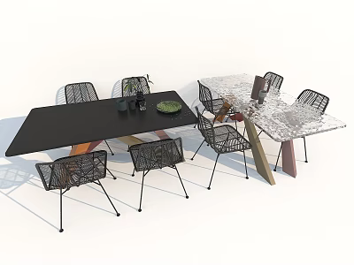 Modern Dining Table Set With Black And Patterned Tables And Woven Chairs 3d model
