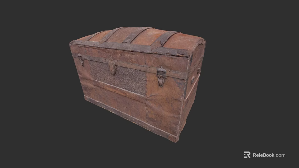 Vintage Brown Wooden Storage Trunk With Worn Texture Metal Clasps And Leather Straps 3d model 