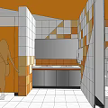 Public Restroom Interior With Orange White Tiles Geometric Patterns Stalls And Washbasin Mirror