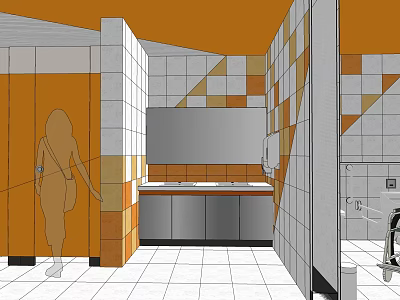 Public Restroom Interior With Orange White Tiles Geometric Patterns Stalls And Washbasin Mirror 3d model