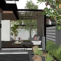 Courtyard Garden Design with Modern Covered Patio Wooden Flooring Outdoor Sofa and Green Plants