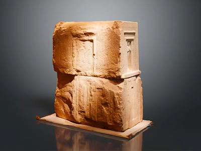 Stone Structure With Carved Door Window Stacked Layers And Wooden Base Platform 3d model