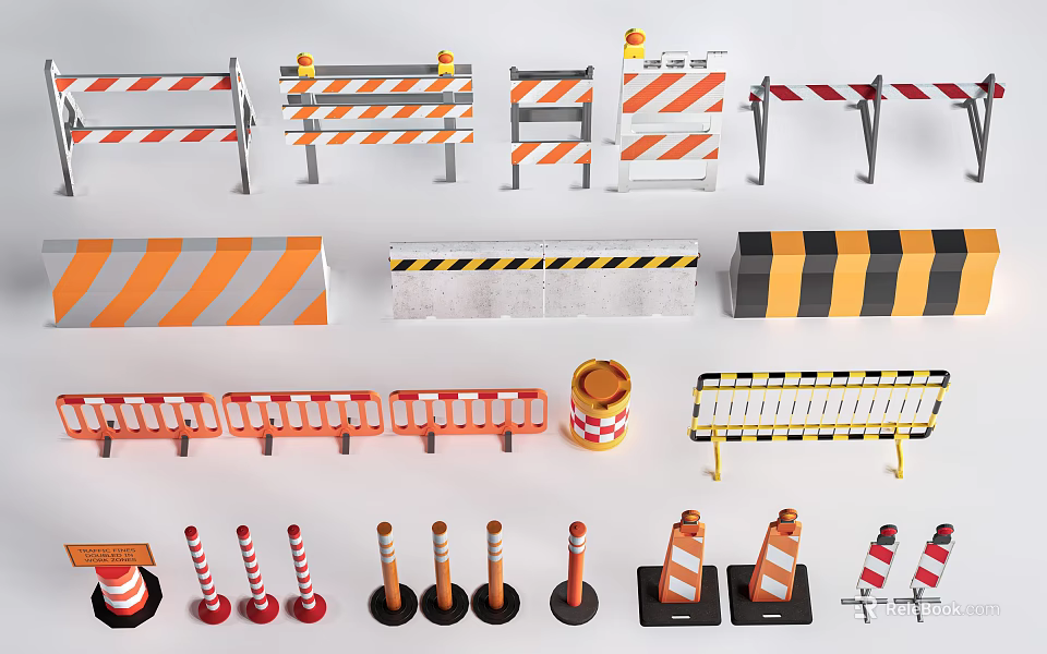 Different Types of Traffic Barriers with Orange White Stripes and Road Cones 3d model 