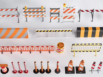 Different Types of Traffic Barriers with Orange White Stripes and Road Cones 3d model