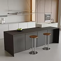 Modern Black Bar Counter In Kitchen With Wooden Stools White Cabinets And Coffee Machine