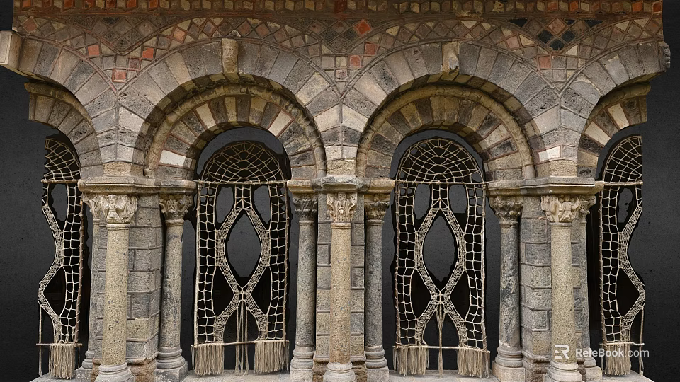 Historic Architectural Details With Arched Doorways And Intricate Iron Grilles 3d model 