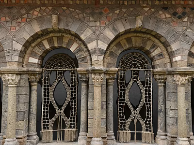 Historic Architectural Details With Arched Doorways And Intricate Iron Grilles 3d model