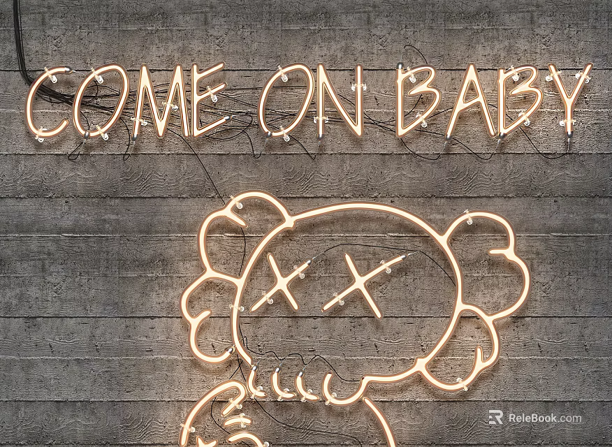 Neon Decorative Lights With Text COME ON BABY And Cartoon Figure On Gray Brick Wall 3d model 